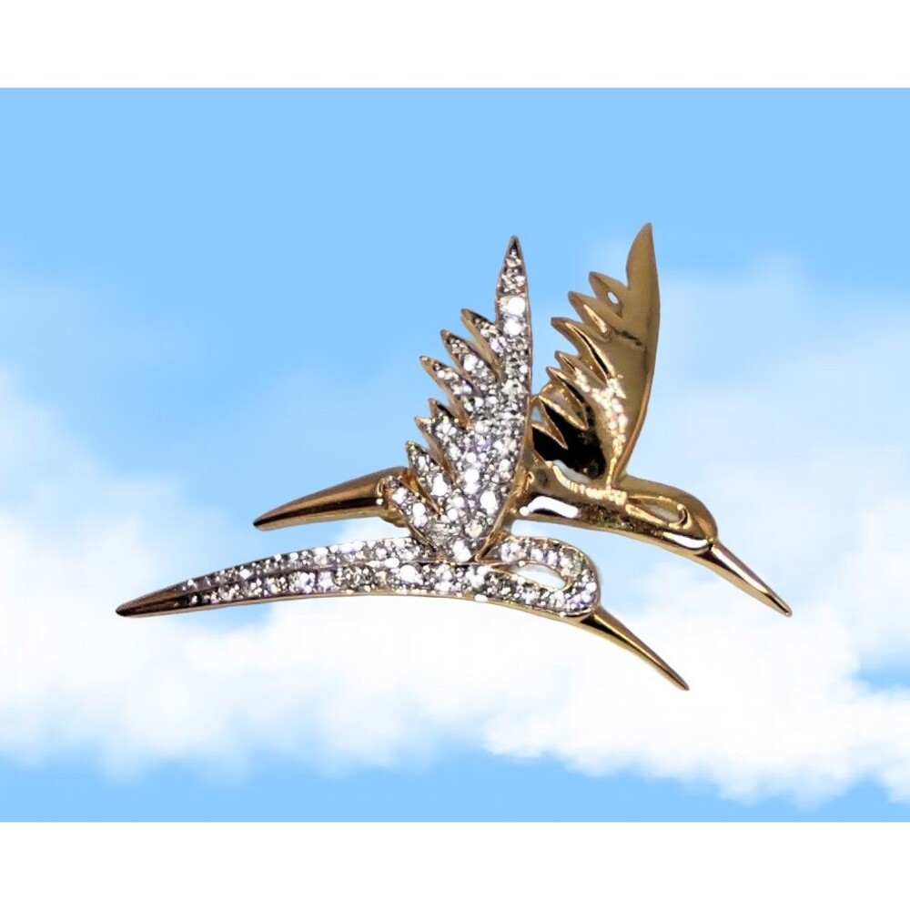 Vintage D'ORLAN BIRDS PIN BROOCH Goldtone 2" Long Hummingbirds? Rhinestones